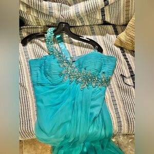 Sparkly Dave & Johnny Aqua One-Shoulder Dress